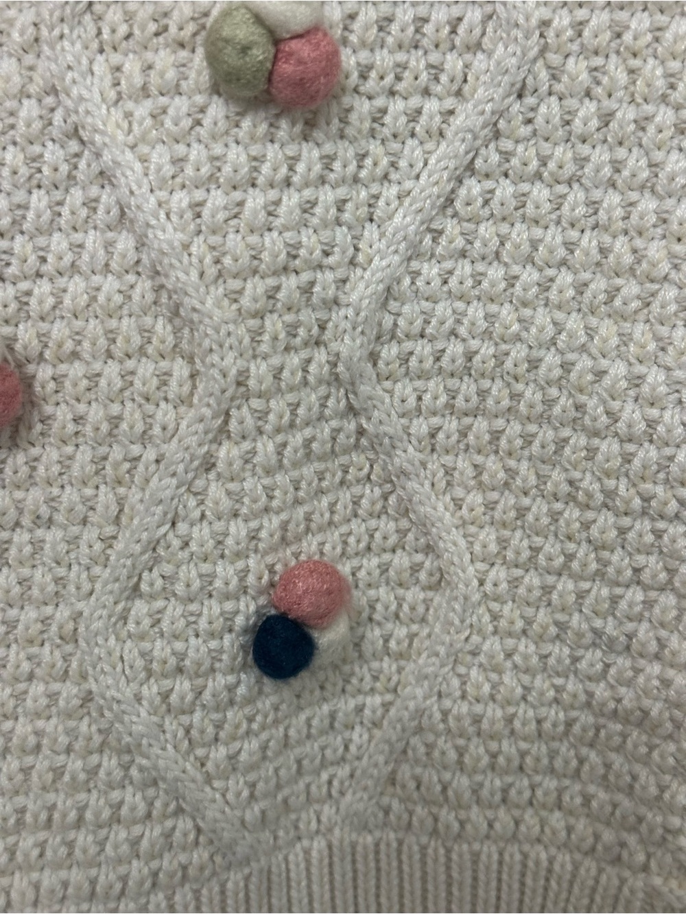 New Girls Wavy Cable Knit Pom Pom Cardigan Beige Size 5t Wooden Button Sweater - Picture 4 of 8